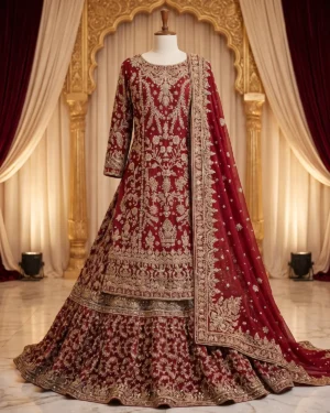 Deep Red Clean Embroidered Bridal Farshi Lehenga Shirt