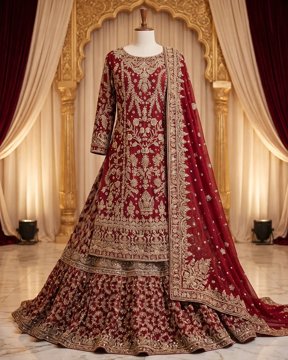 Deep Red Clean Embroidered Bridal Farshi Lehenga Shirt