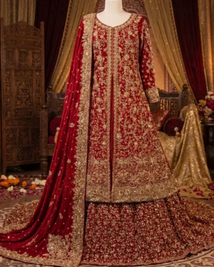 Deluxe Cherry Red Golden Embellished Bridal Tail Farshi Lehenga Shirt