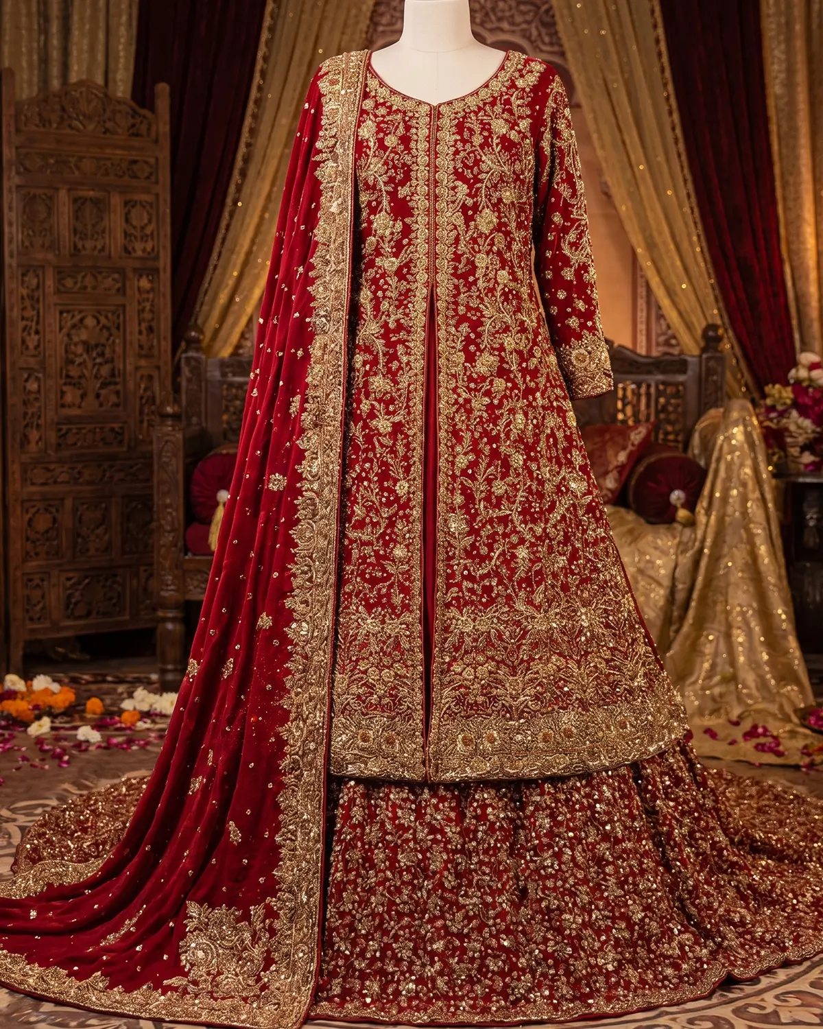 Deluxe Cherry Red Golden Embellished Bridal Tail Farshi Lehenga Shirt