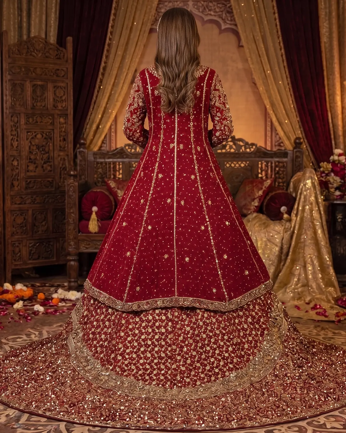 Deluxe Cherry Red Golden Embellished Bridal Tail Farshi Lehenga Shirt - Image 3