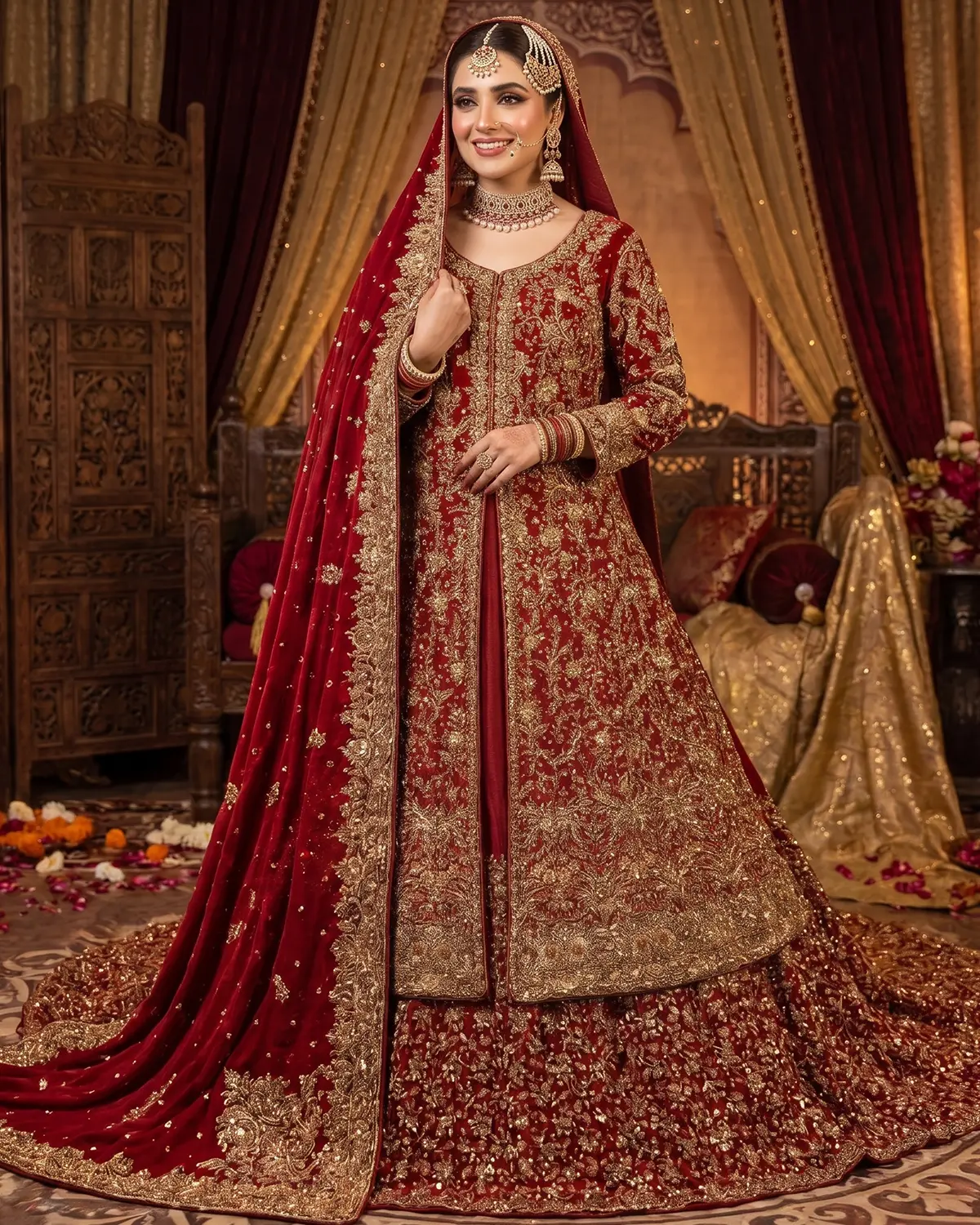 Deluxe Cherry Red Golden Embellished Bridal Tail Farshi Lehenga Shirt - Image 2