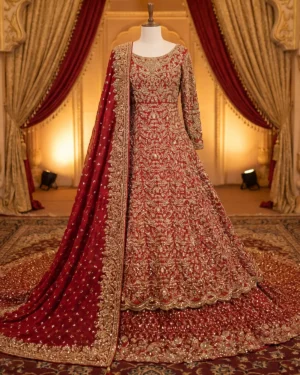 Deluxe Red Detailed Bridal Farshi Lehenga Gown