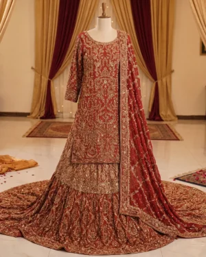 Heritage Crimson Fabulated Bridal Farshi Lehenga Shirt