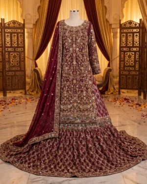 Luxury Deep Maroon Tux Bridal Farshi Lehenga Shirt