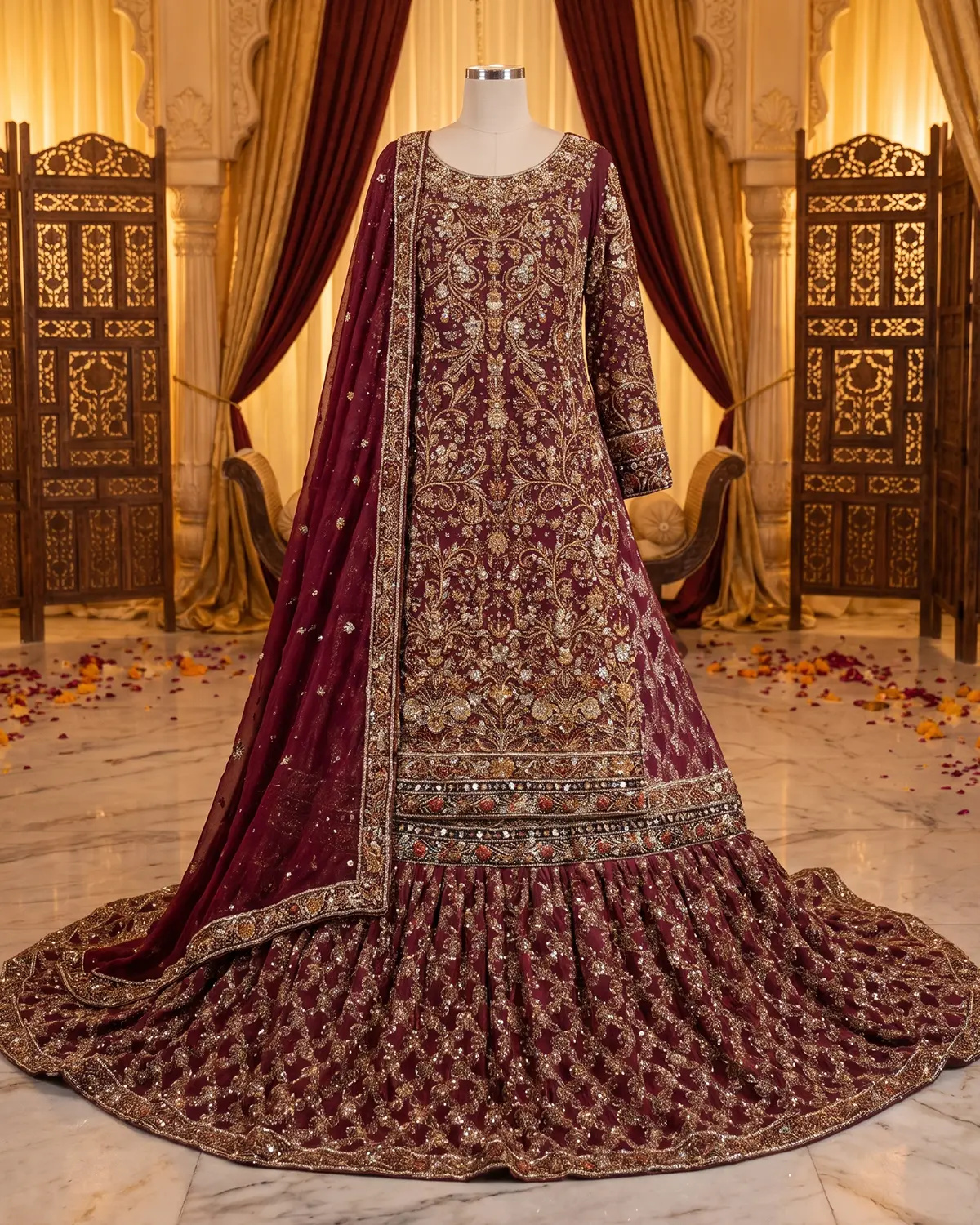Luxury Deep Maroon Tux Bridal Farshi Lehenga Shirt