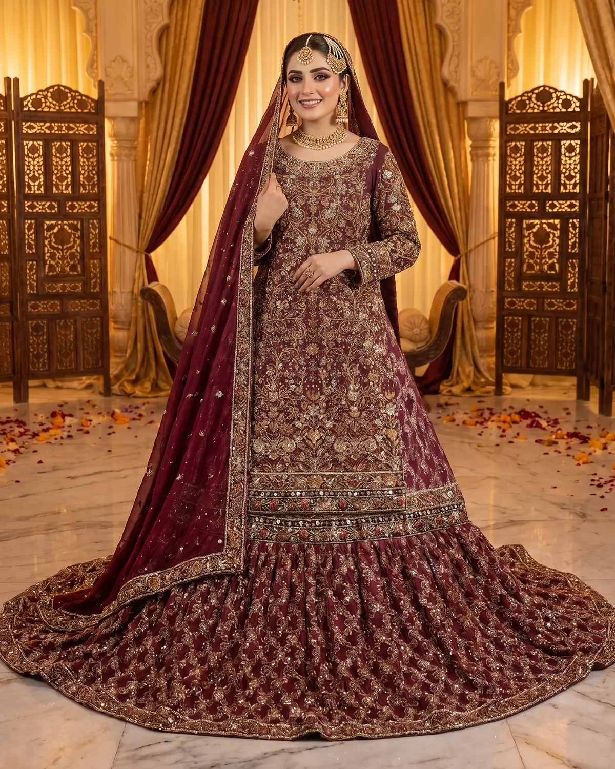 Luxury Deep Maroon Tux Bridal Farshi Lehenga Shirt - Image 2