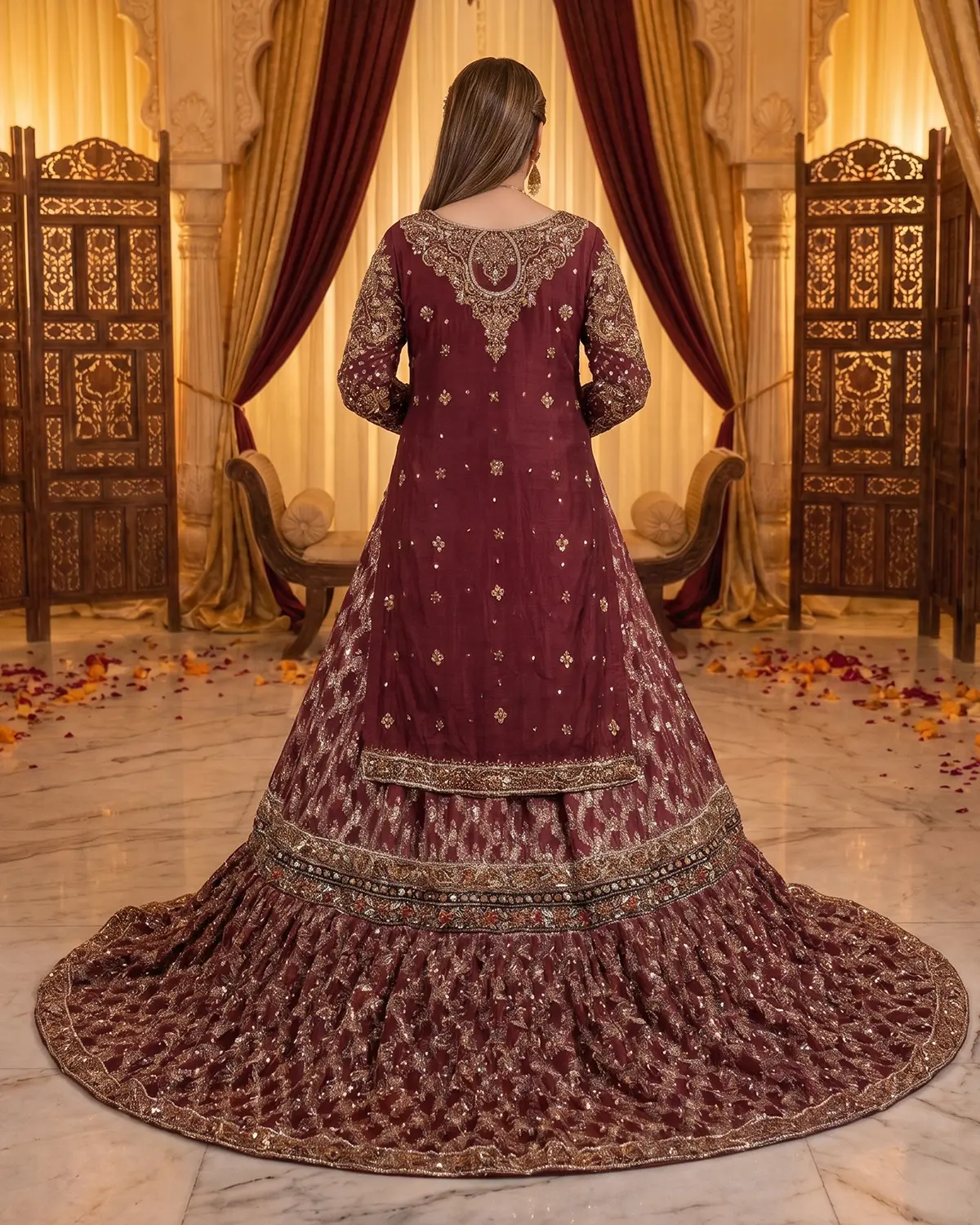 Luxury Deep Maroon Tux Bridal Farshi Lehenga Shirt - Image 3