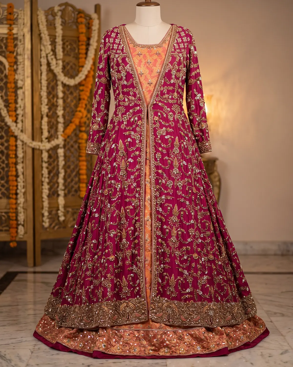 Med Maroon Anarkali Bridal Gown
