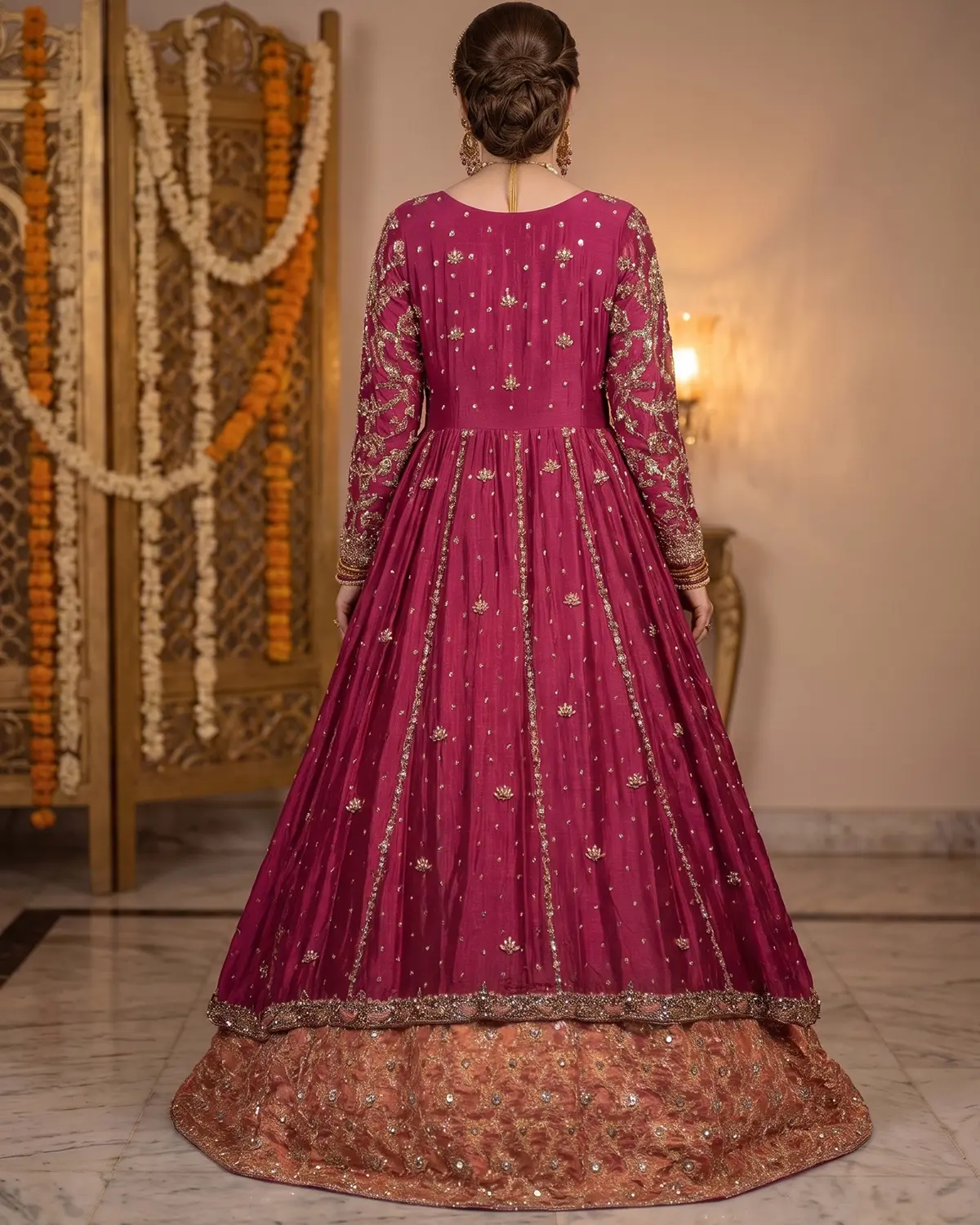 Med Maroon Anarkali Bridal Gown - Image 3