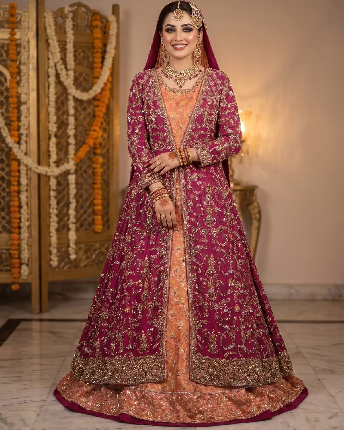 Med Maroon Anarkali Bridal Gown - Image 2