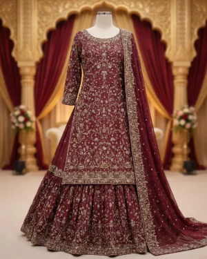 Premium Redish Embellished Bridal Farshi Lehenga Shirt