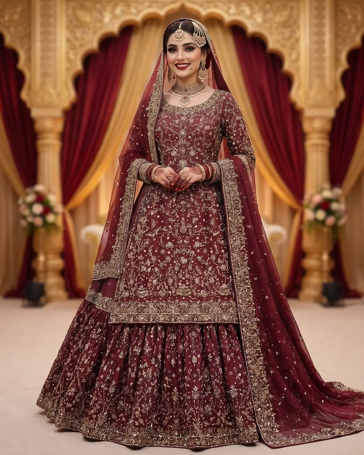 Premium Redish Embellished Bridal Farshi Lehenga Shirt - Image 2