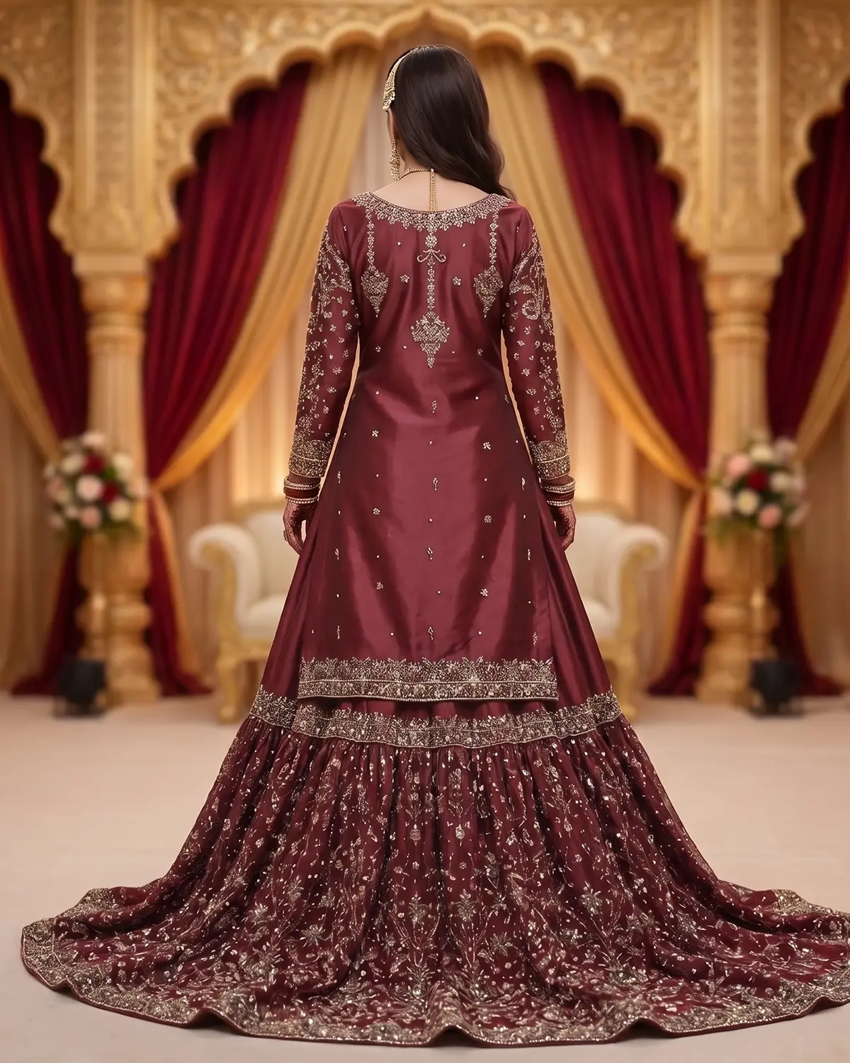 Premium Redish Embellished Bridal Farshi Lehenga Shirt - Image 3