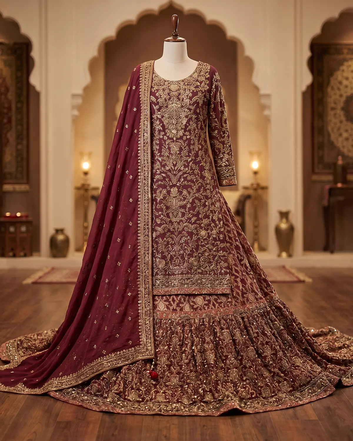 Premium Ruby Red Embellished Bridal Farshi Lehenga shirt
