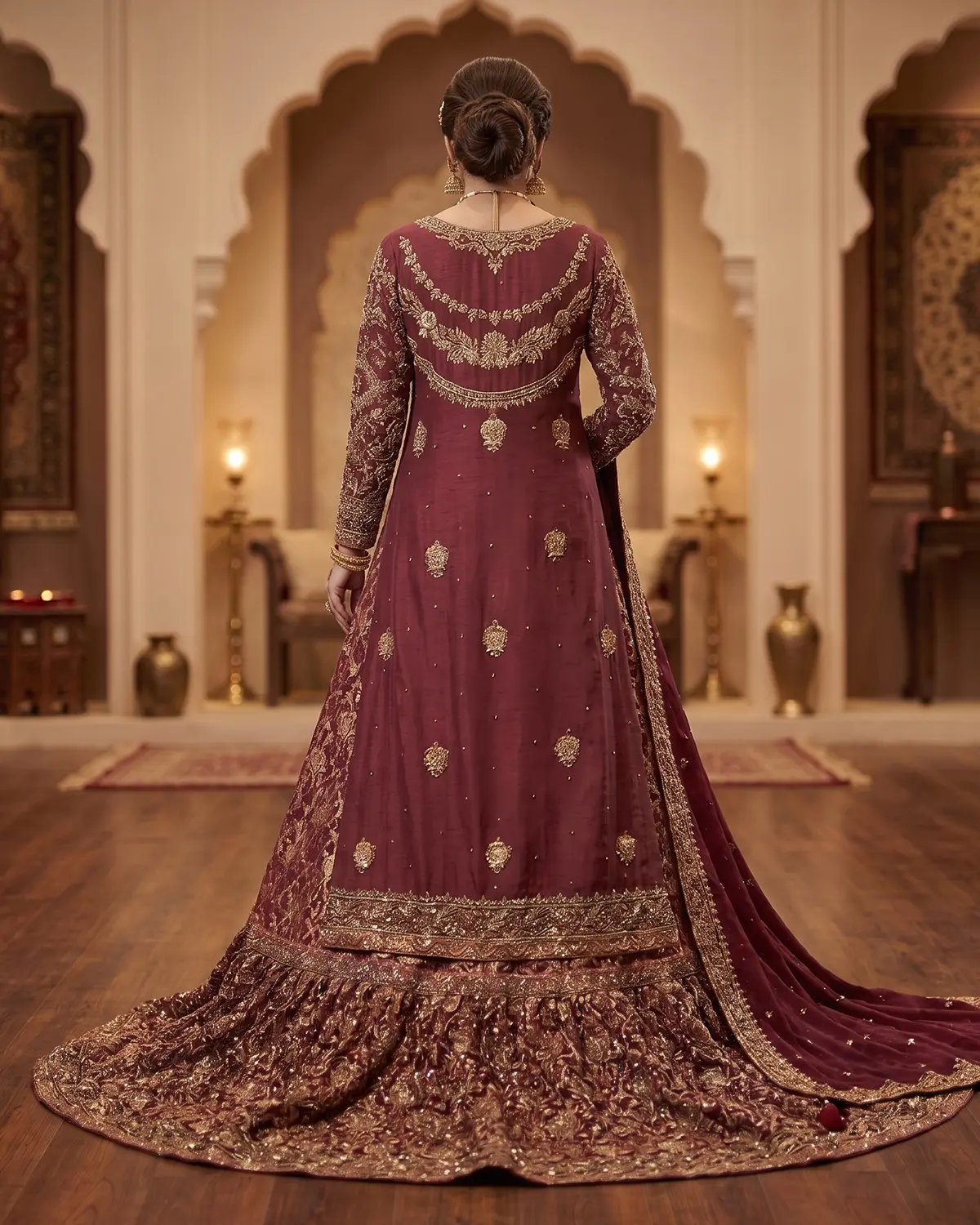 Premium Ruby Red Embellished Bridal Farshi Lehenga shirt - Image 3