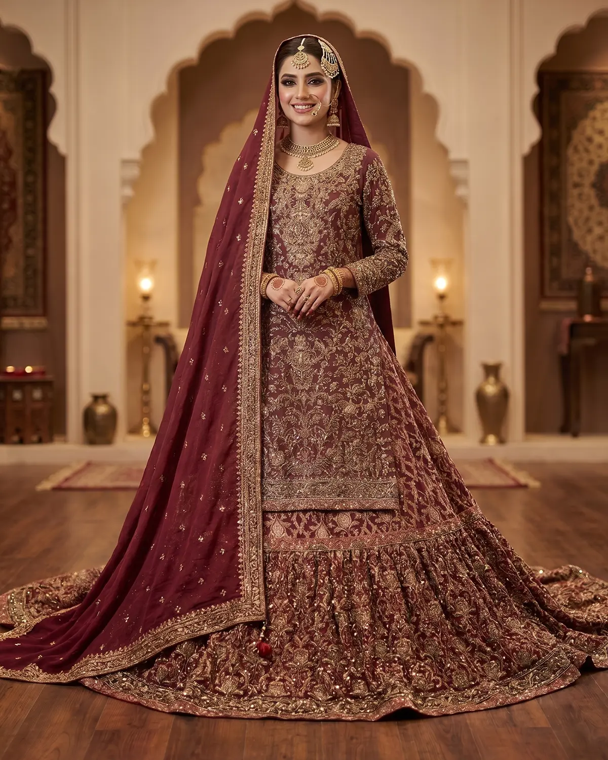 Premium Ruby Red Embellished Bridal Farshi Lehenga shirt - Image 2