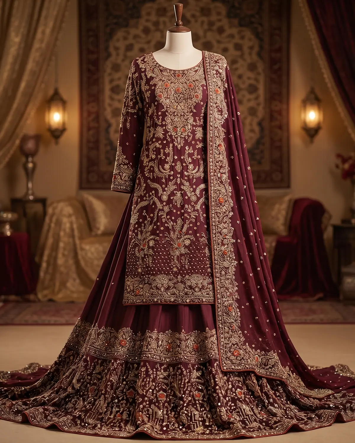 Royal Deep Maroon Xun Bridal Farshi Lehenga Shirt