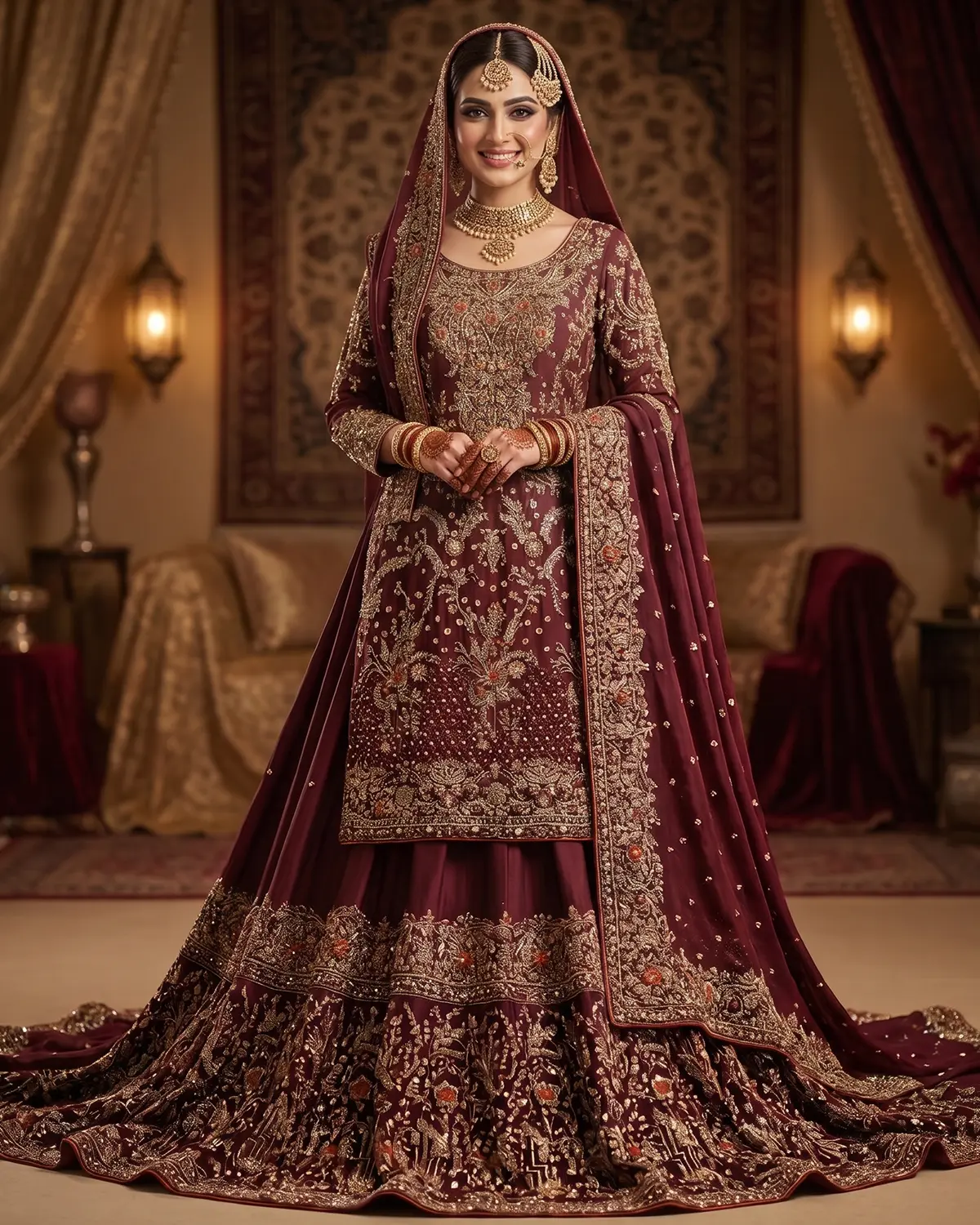 Royal Deep Maroon Xun Bridal Farshi Lehenga Shirt - Image 2