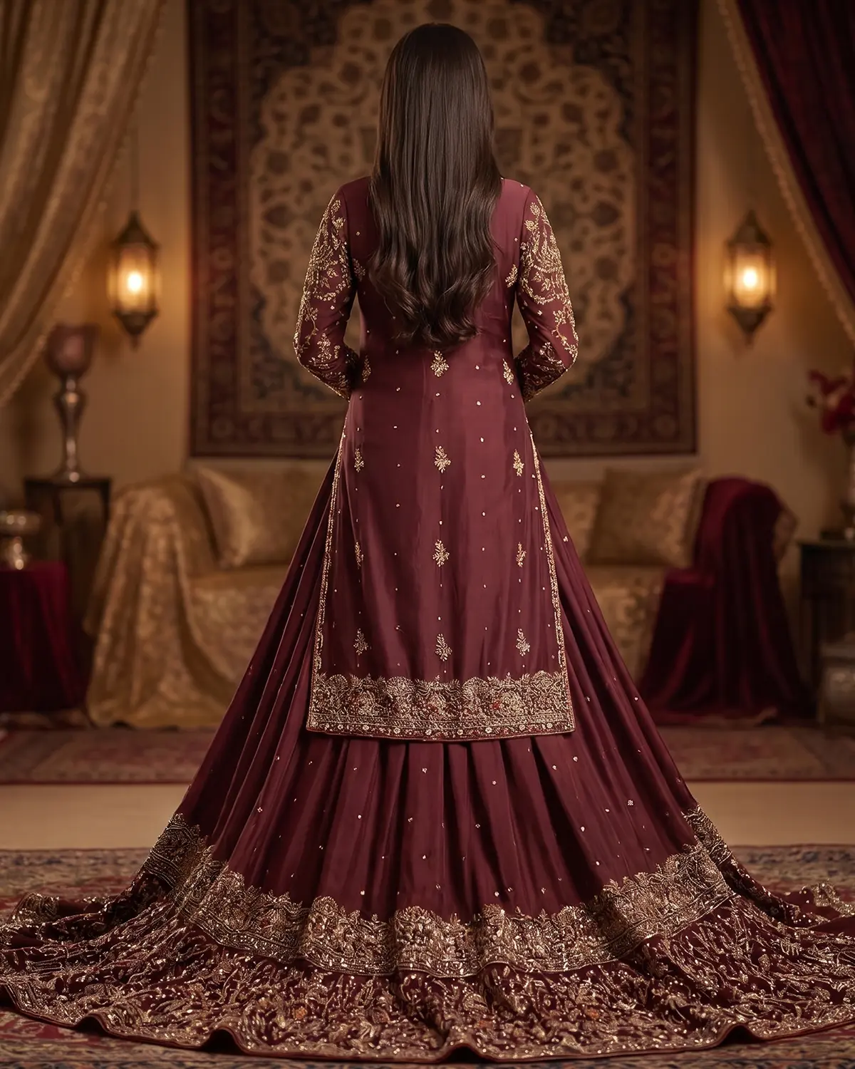 Royal Deep Maroon Xun Bridal Farshi Lehenga Shirt - Image 3