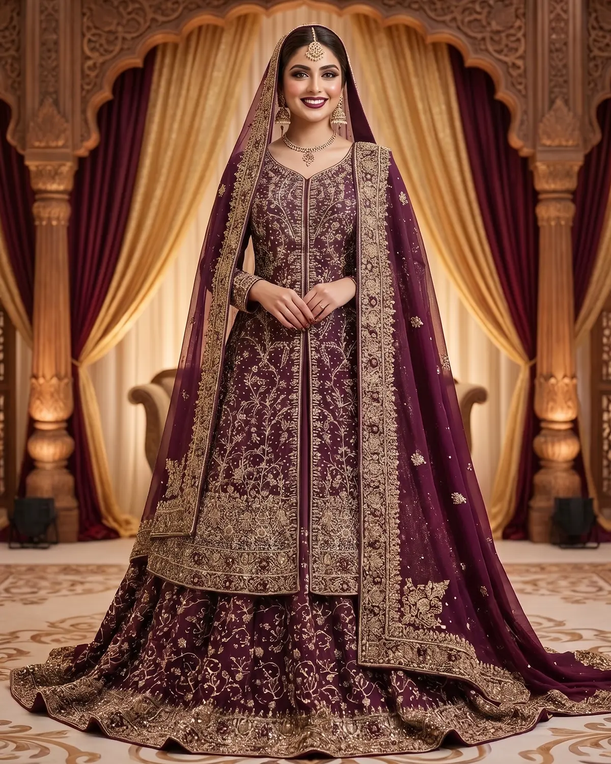 Royal Red Wine Long Tail Farshi Lehenga Gown - Image 2