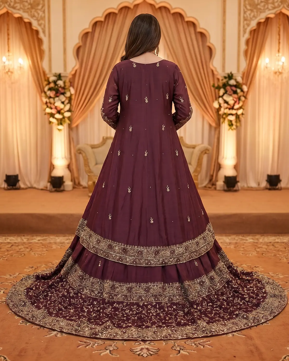 Royal Red Wine Long Tail Farshi Lehenga Gown - Image 3