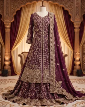 Royal Red Wine Long Tail Farshi Lehenga Gown