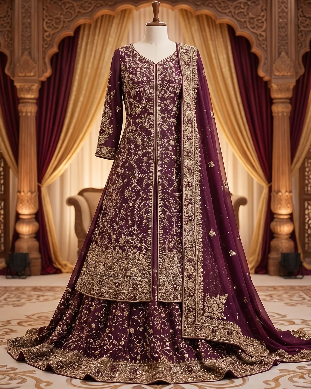 Royal Red Wine Long Tail Farshi Lehenga Gown